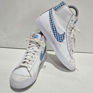 Nike Blazer Mid 77 Women Sz 9 White Blue Gingham Plaid Sneakers FD9163-100 Retro